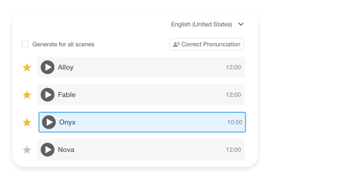 Dropdown menu for selecting language and voice for AI-generated text to video content on Visla interface.